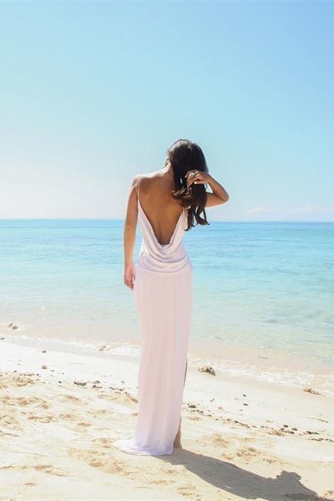 Simple Sexy Open Back Beach Side Slit Spaghetti Straps Summer White Wedding Dresses