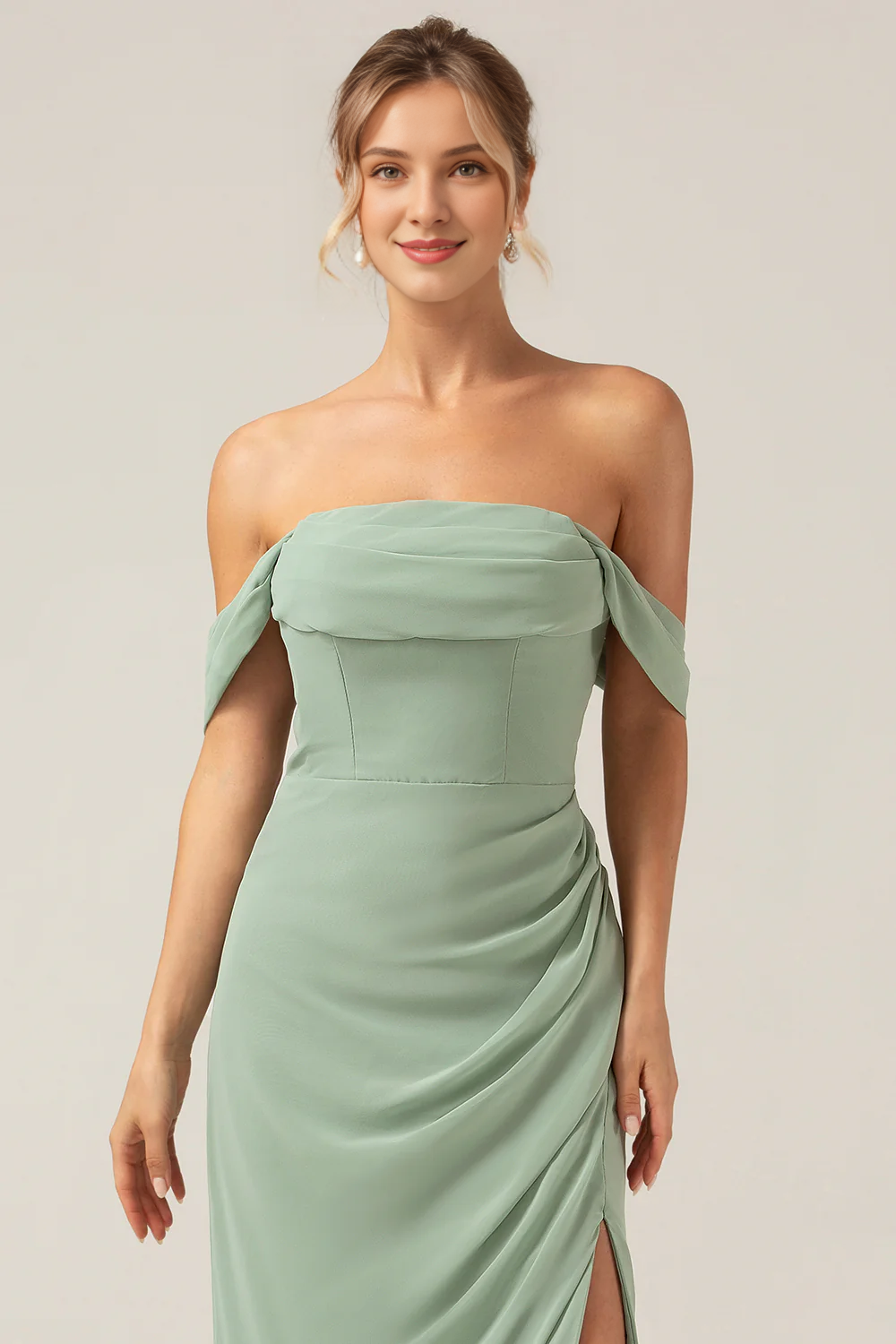 Dusty Sage off shoulder pleated chiffon slit bridesmaid dress