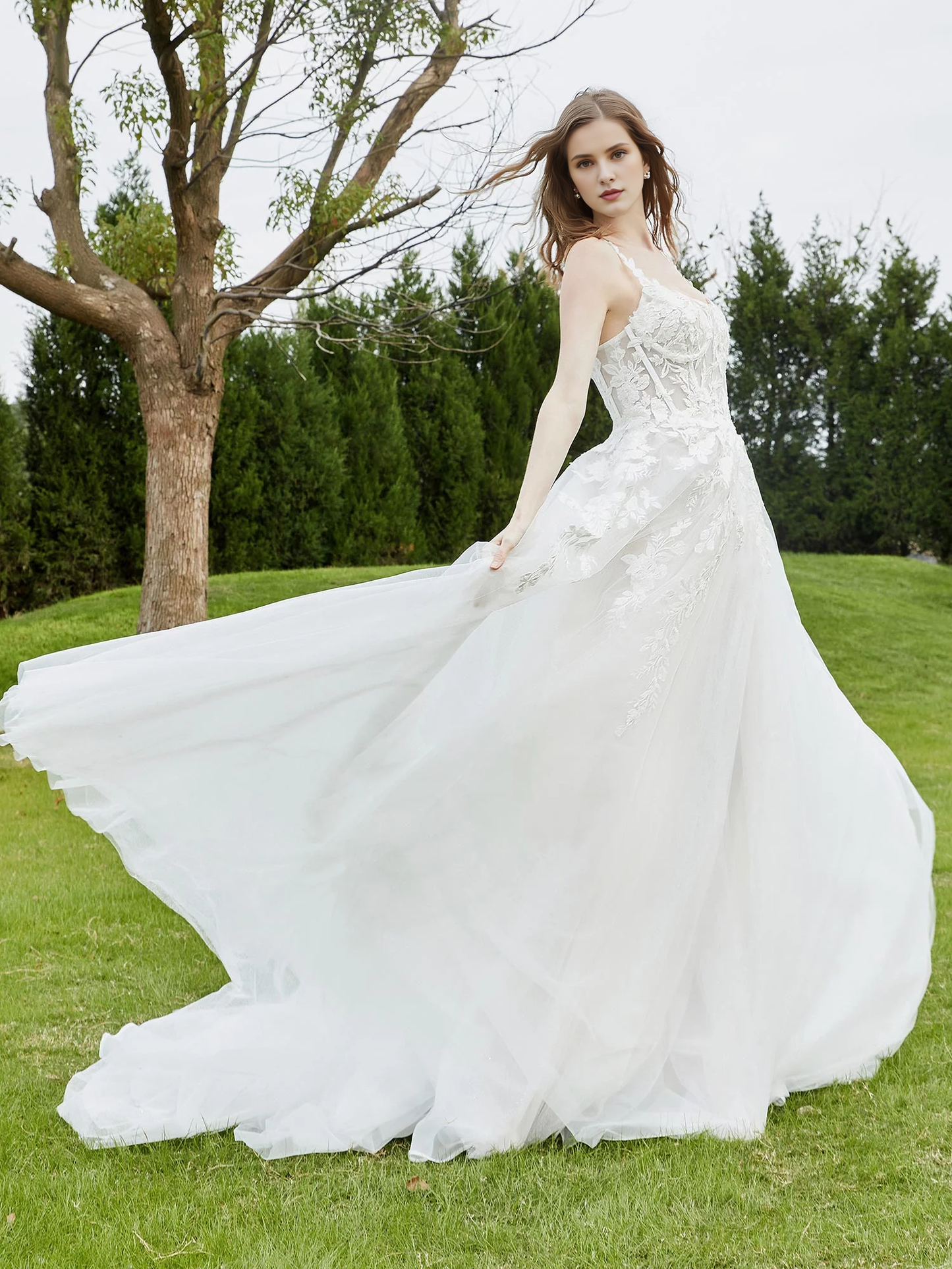 Thin shoulder strap chiffon church trailing wedding dress