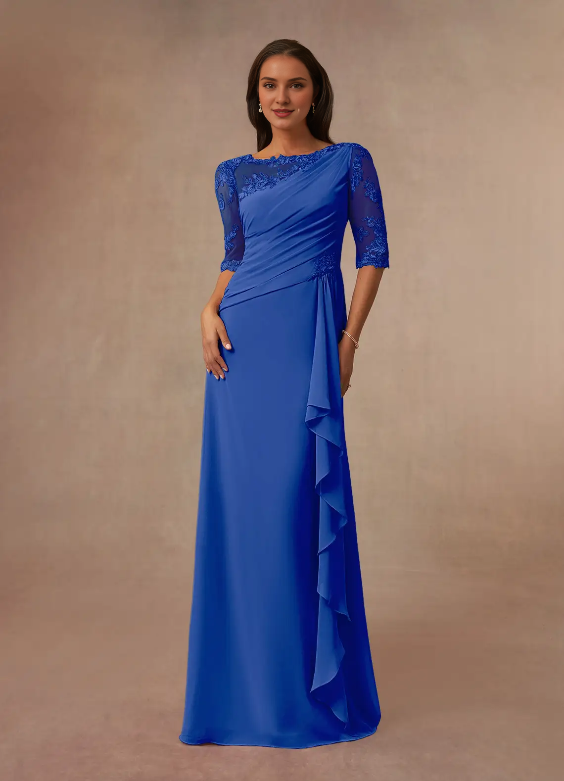 A-line boat collar lace chiffon and floor length mother of the bride dress