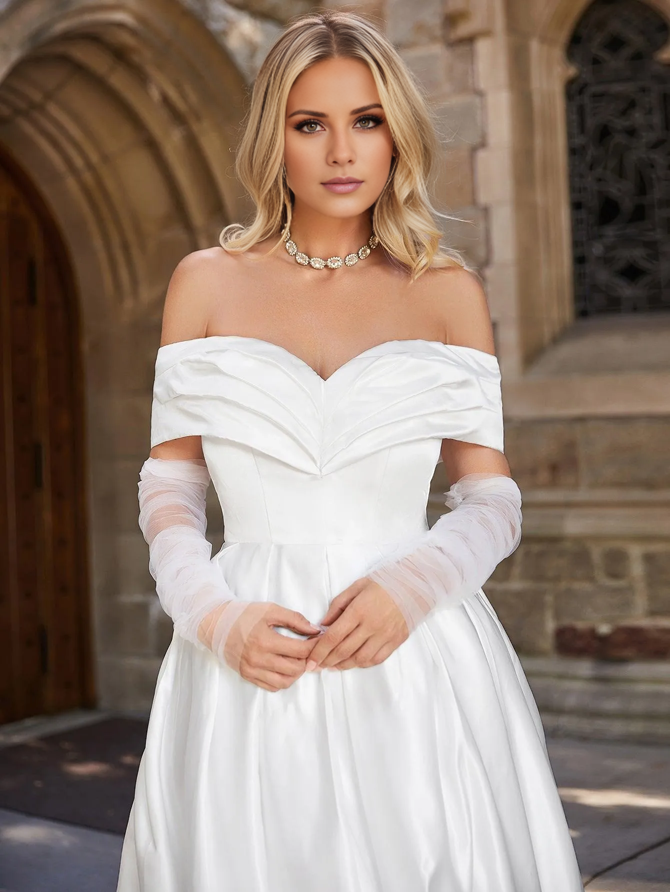 Shoulder collar satin backless and floor length wedding dresses (only dresses)