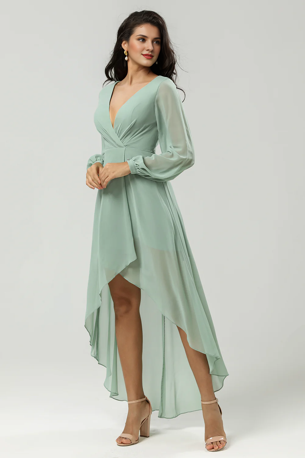 A-line collar long sleeved chiffon matcha bridesmaid dress