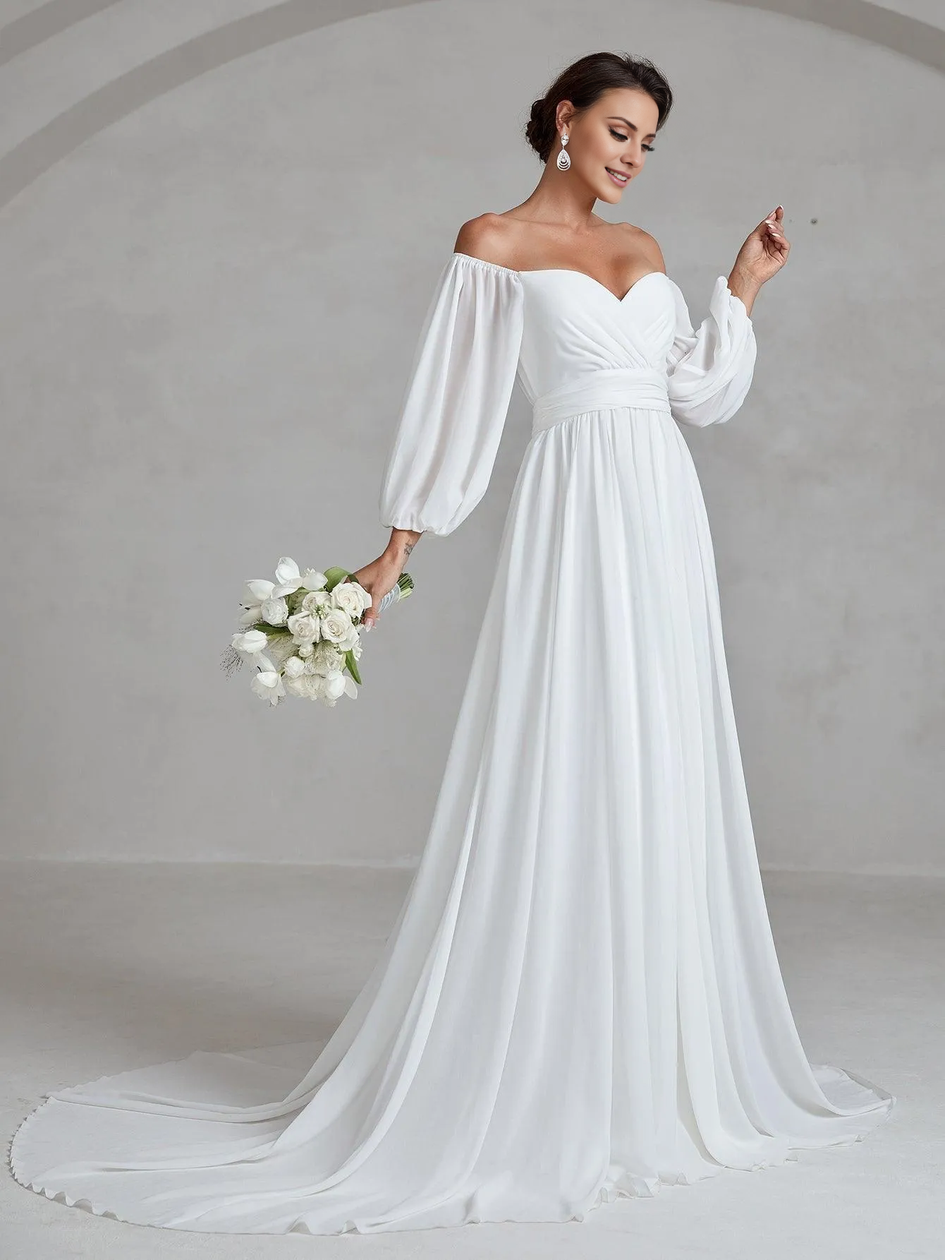 Off shoulder lantern sleeve chiffon side slit and floor length wedding dress