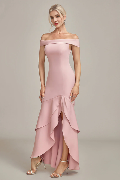 Pink mermaid off shoulder asymmetrical ruffle hem, mother of the bride dress