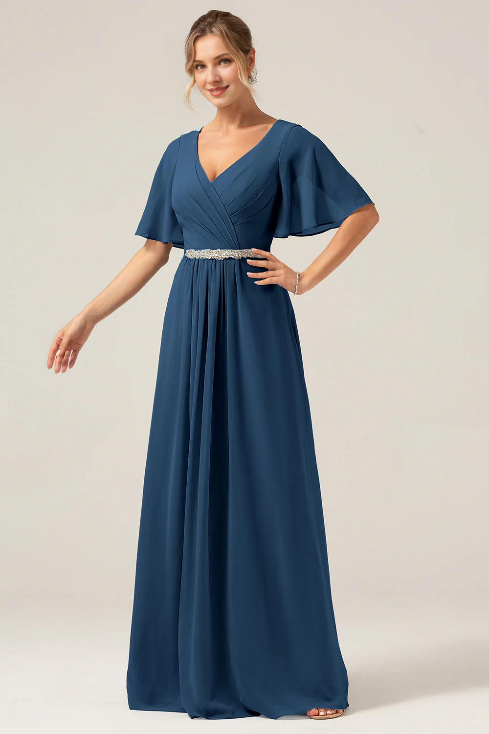 Navy blue A-line V-neck chiffon short sleeved and floor length skirt