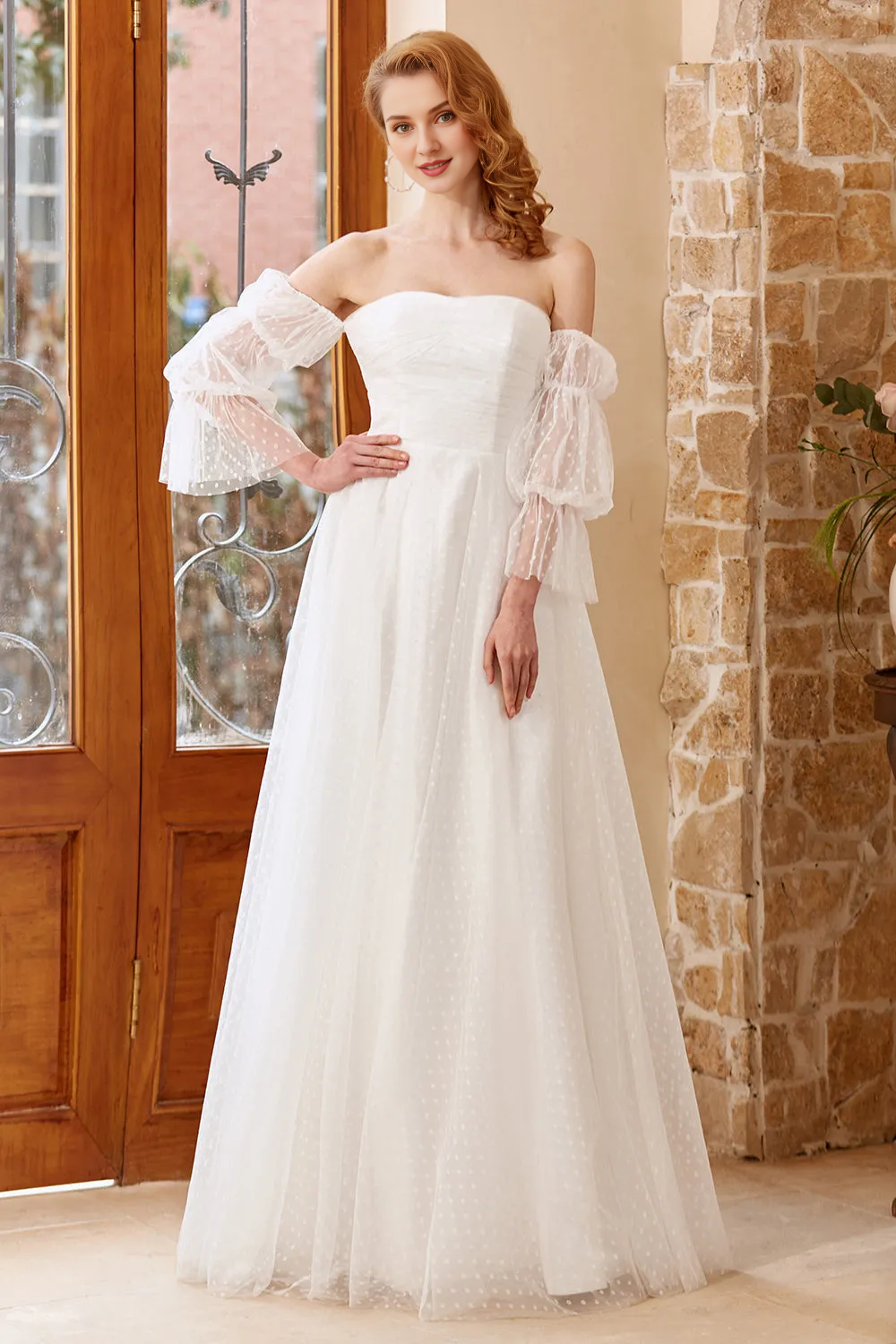 White chiffon off shoulder and floor length wedding dress