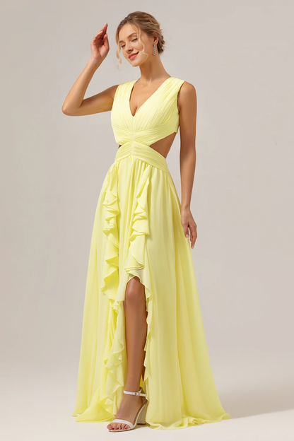 Lemon yellow A-line V-neck hollow out ruffle edge pleated long bridesmaid dress with slits