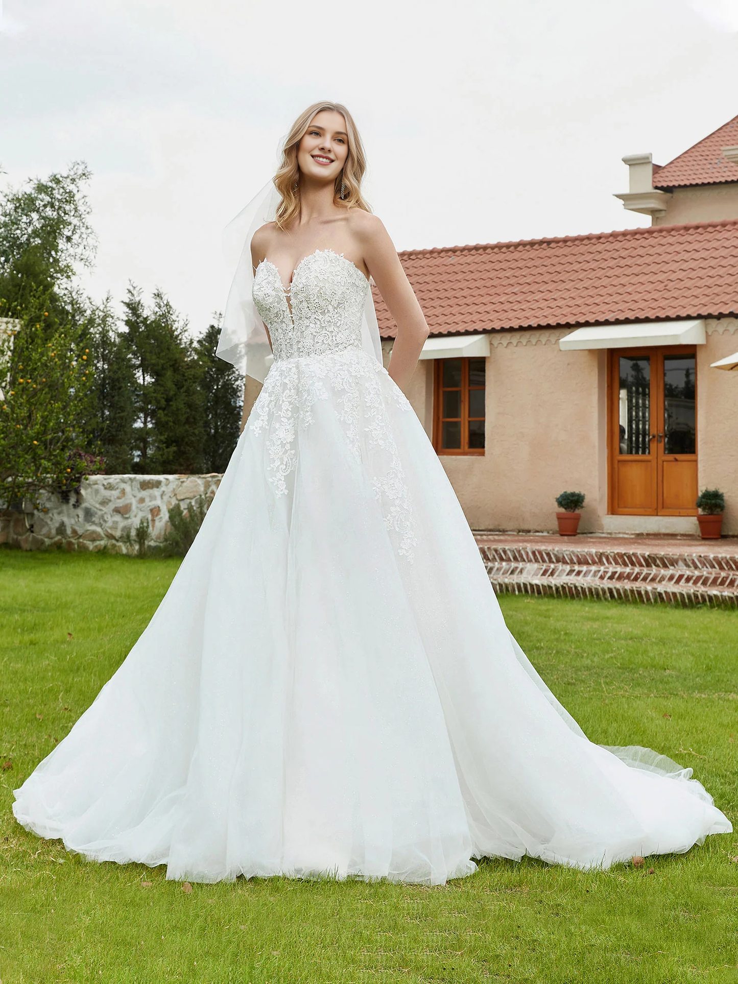 Strapless deep V-neck lace tight corset bridal gown