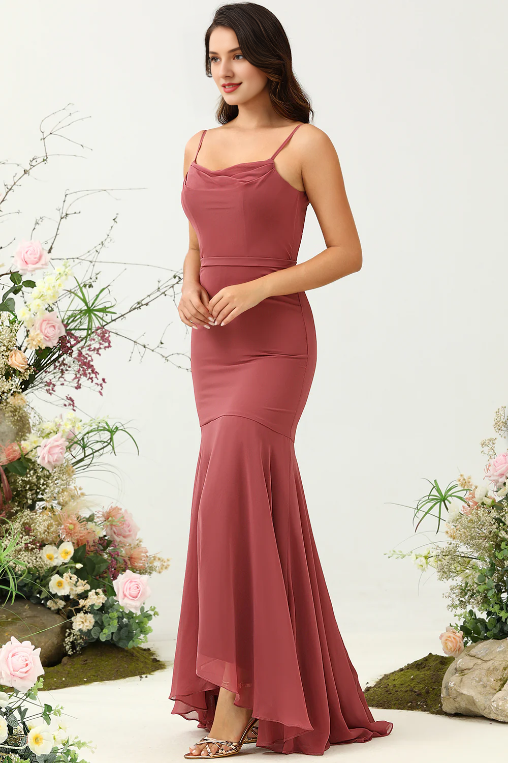 Desert Rose Mermaid Thin Shoulder Strap Asymmetric Chiffon Bridesmaid Dress