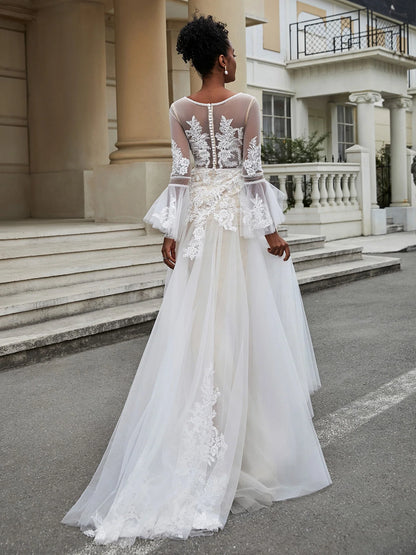 V-neck A-line lace chiffon wedding dress