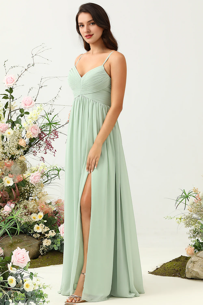 Sage A Line slim shoulder strap pleated long slit chiffon bridesmaid dress