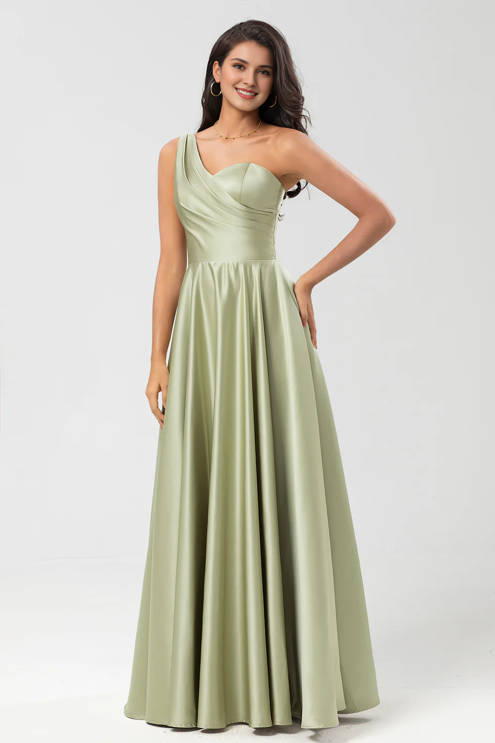 Dusty Sage A-line shoulder pleated satin bridesmaid dress