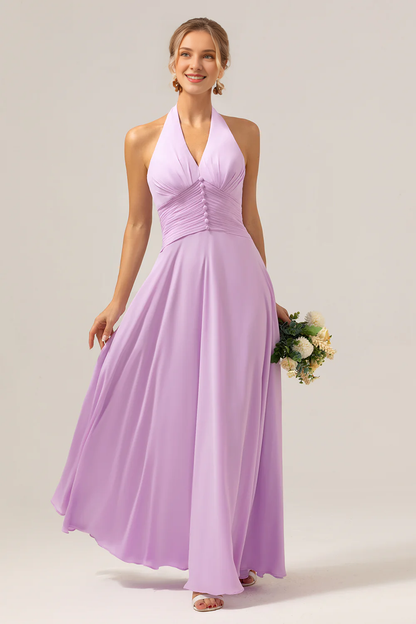 A Line neck hanging backless pleated chiffon long purple buckle bridesmaid dress