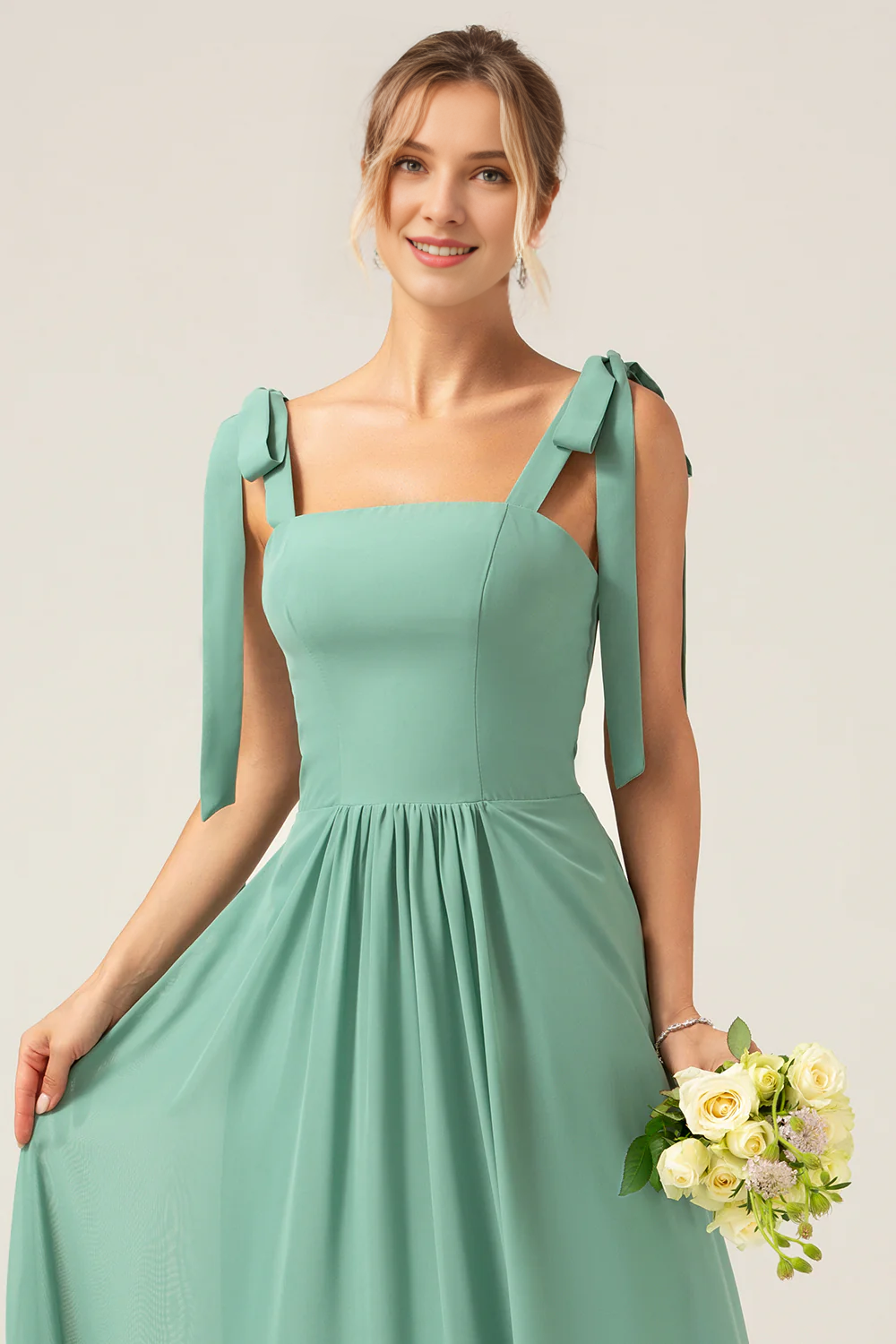 A-line slim shoulder strap pleated and ground length eucalyptus bridesmaid dress