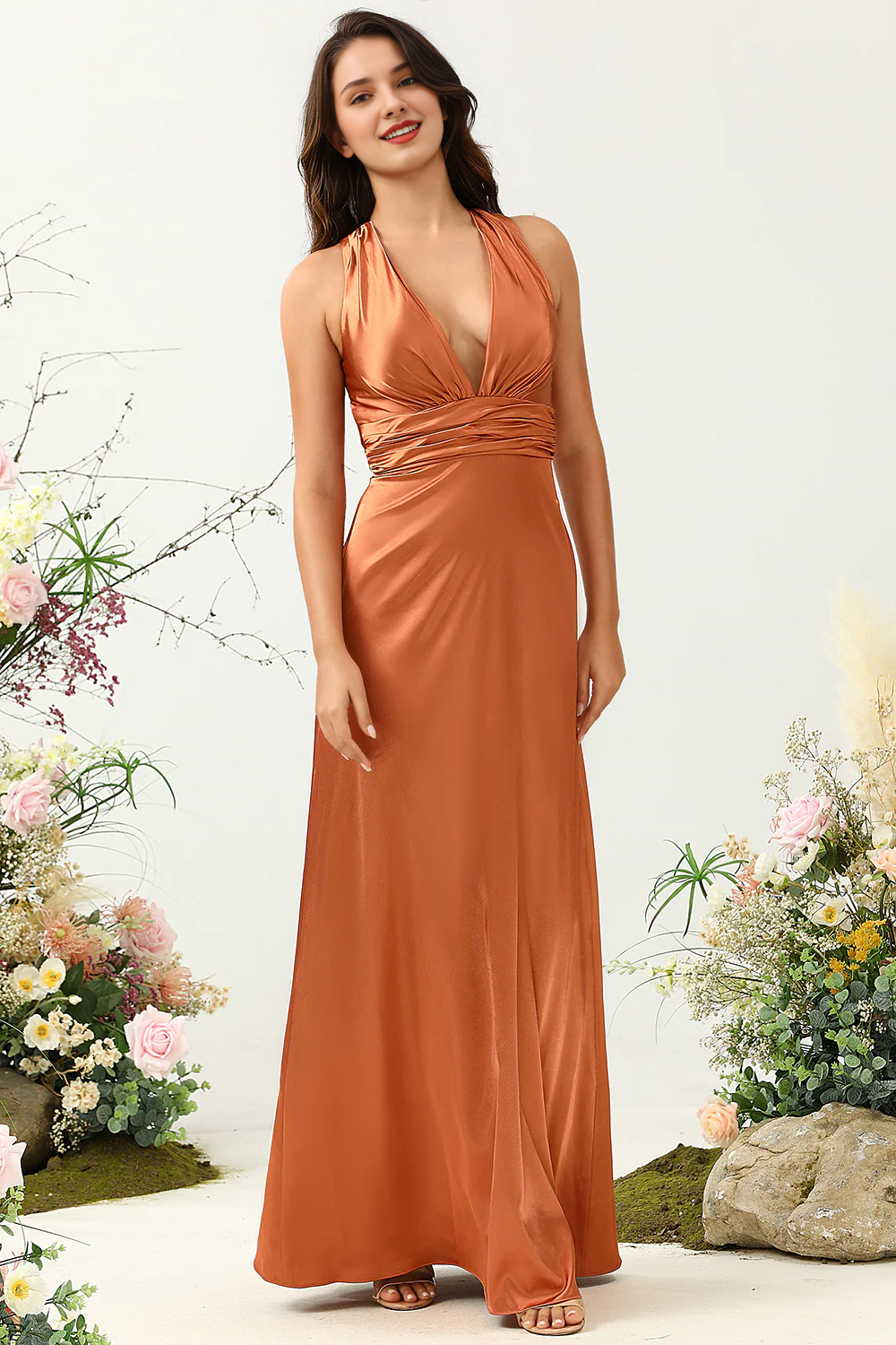 Copper A-line V-neck backless shiny satin bridesmaid dress