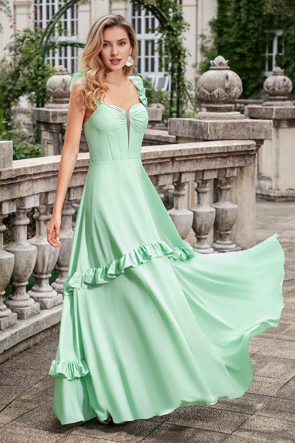 Green A-line ruffled sleeve tight corset chiffon long bridesmaid dress