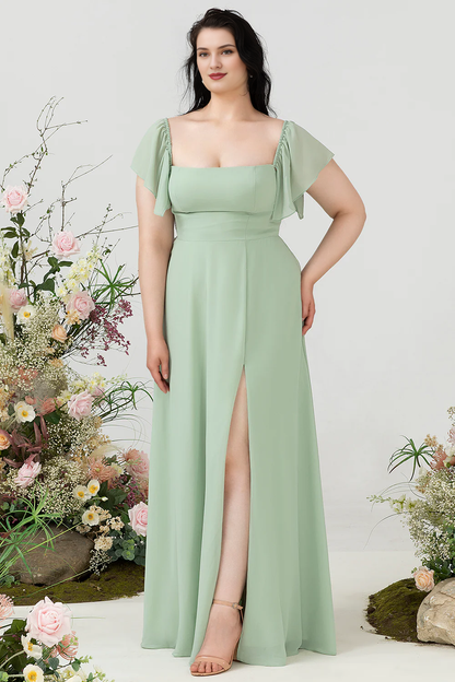 Green A-line shoulder length plus plus size ruffled polyester bridesmaid dress