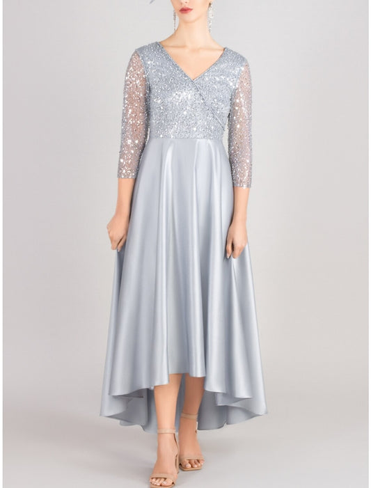 A-Line Mother of the Bride Dress Wedding Guest Elegant V Neck Asymmetrical Satin 3/4 Length Sleeve with Sequin Ruching