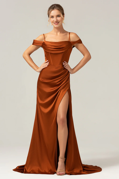 Coffee colored fishtail shaped shoulder baring pleated tight corset long slit satin bridesmaid dress