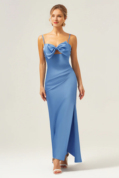 Fish tail thin shoulder strap satin blue bow bridesmaid dress