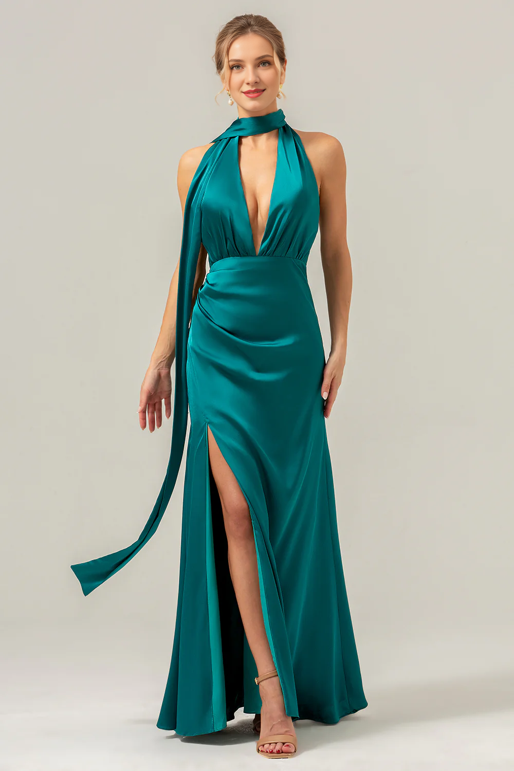 Peacock Sheath Deep V-neck Folded Bareback Long Satin Bridesmaid Dress