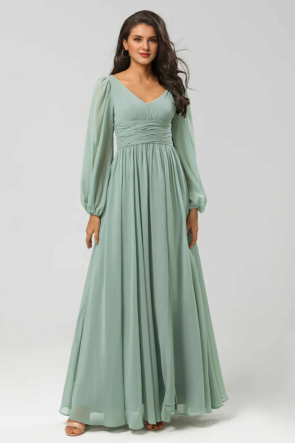 Matcha A-line pleated chiffon and floor slit bridesmaid dress