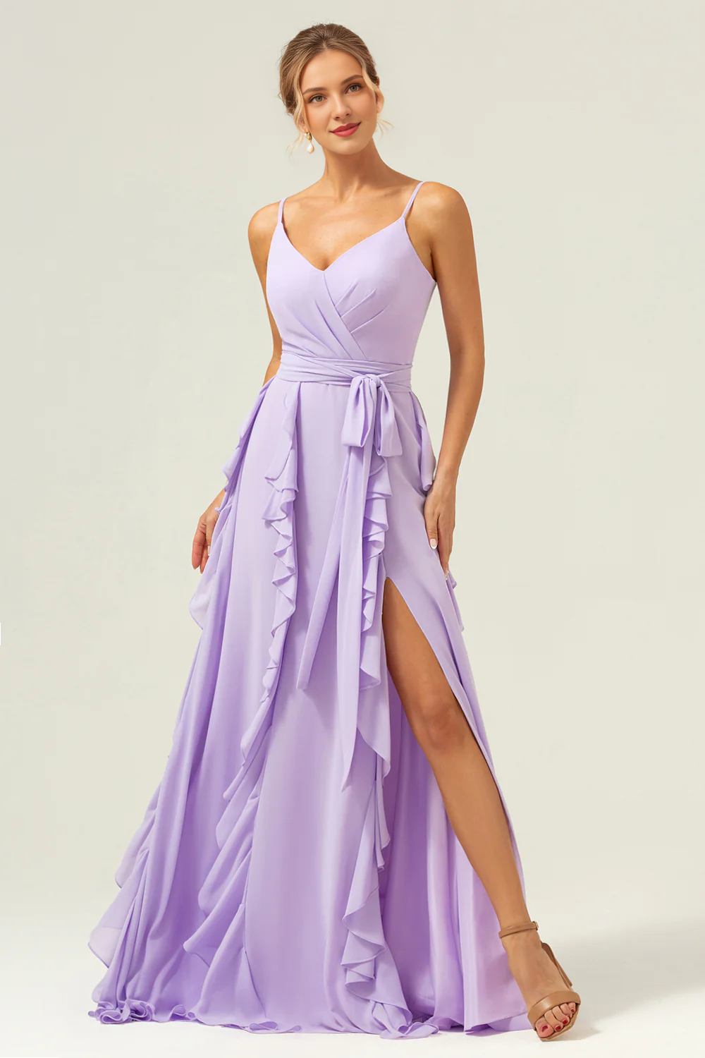 Lilac purple A-line slim shoulder chiffon long slit ruffled bridesmaid dress