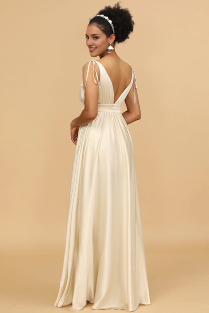 Ivory A-line deep V-neck backless long bridesmaid dress