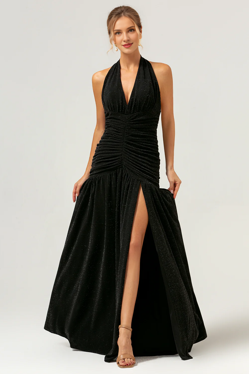 Black A-line hanging neck pleated long slit backless dance dress