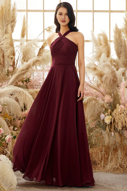 Wine red neck hanging chiffon bridesmaid dress