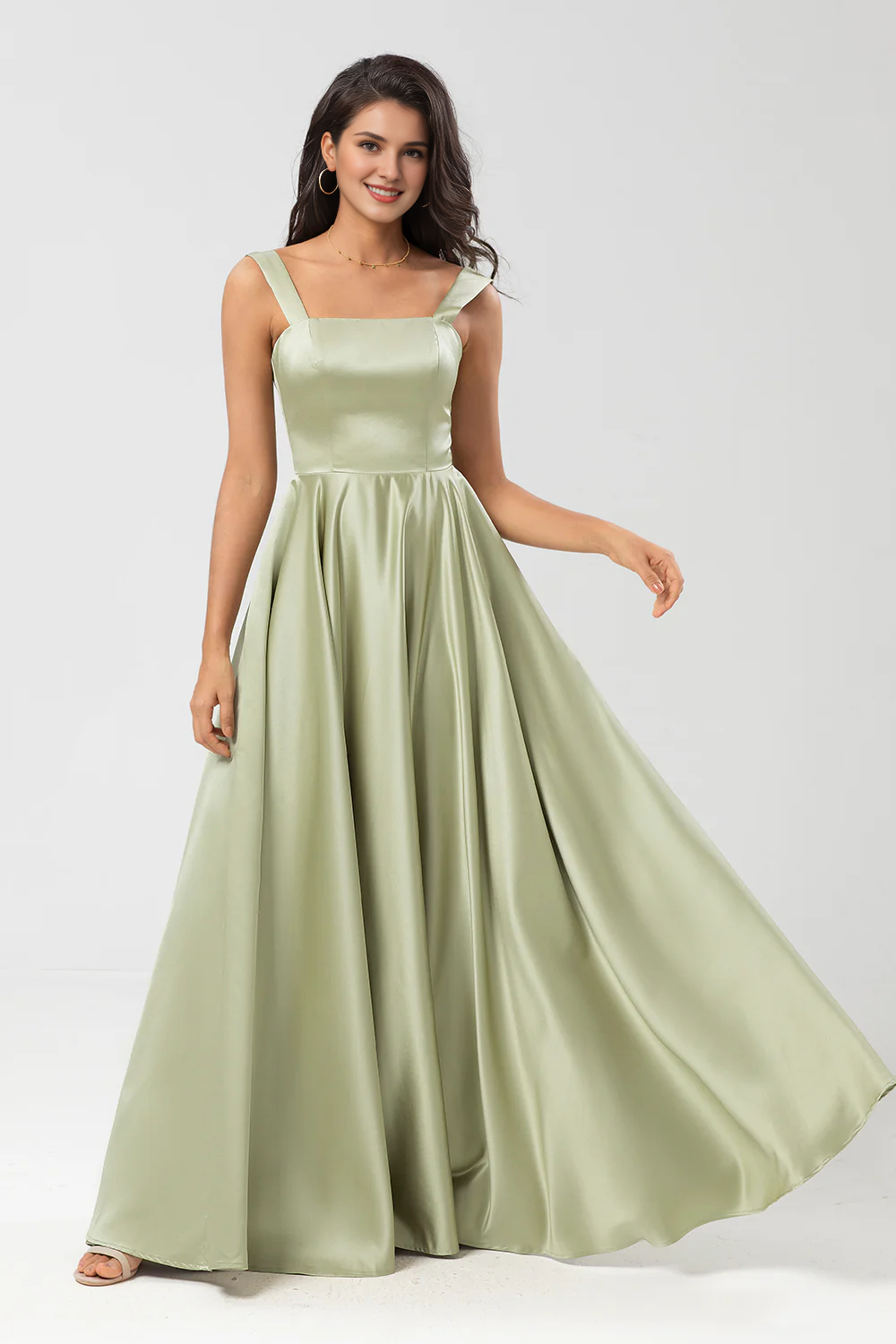 Dusty Sage A-line square collar and floor length satin bridesmaid dress