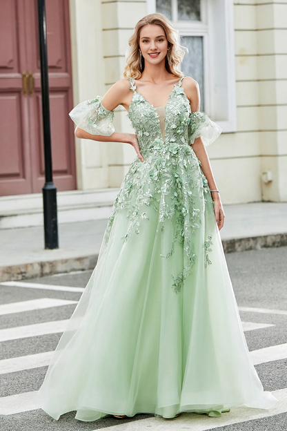 A-line thin shoulder strap tight corset with embroidered sage ball dress