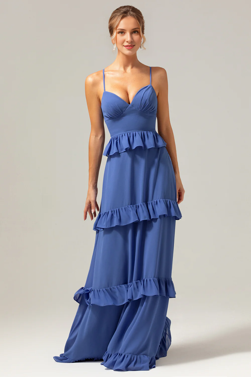 Deep blue A-line thin shoulder strap layered long bridesmaid dress