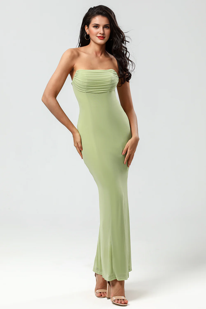 Lemon green mermaid strapless and floor slit bridesmaid dress