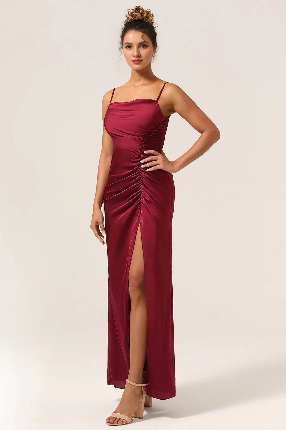 Tight fitting thin shoulder strap wine red front slit long bridesmaid dress