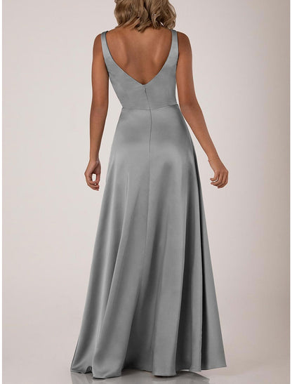 A-Line Bridesmaid Dress V Neck Sleeveless Elegant Floor Length Nylon / Jersey with Draping / Solid Color