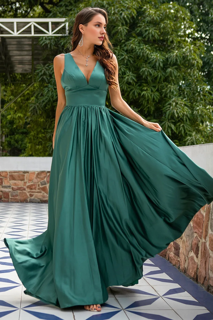 Green deep V-neck backless and floor length bridesmaid dress