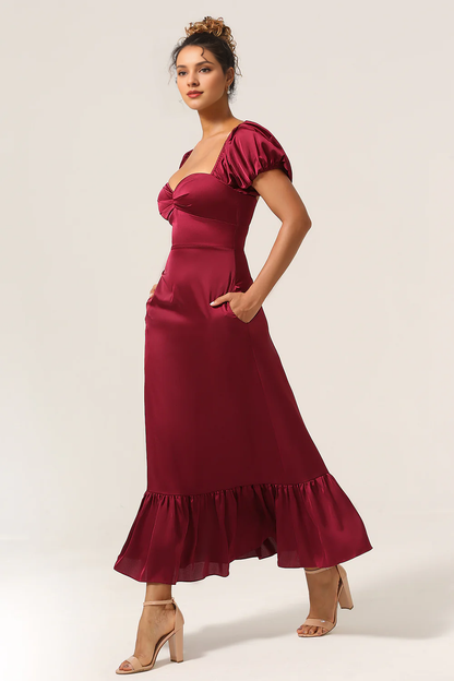 Wine red tight square neck tea long pleated satin bridesmaid dress