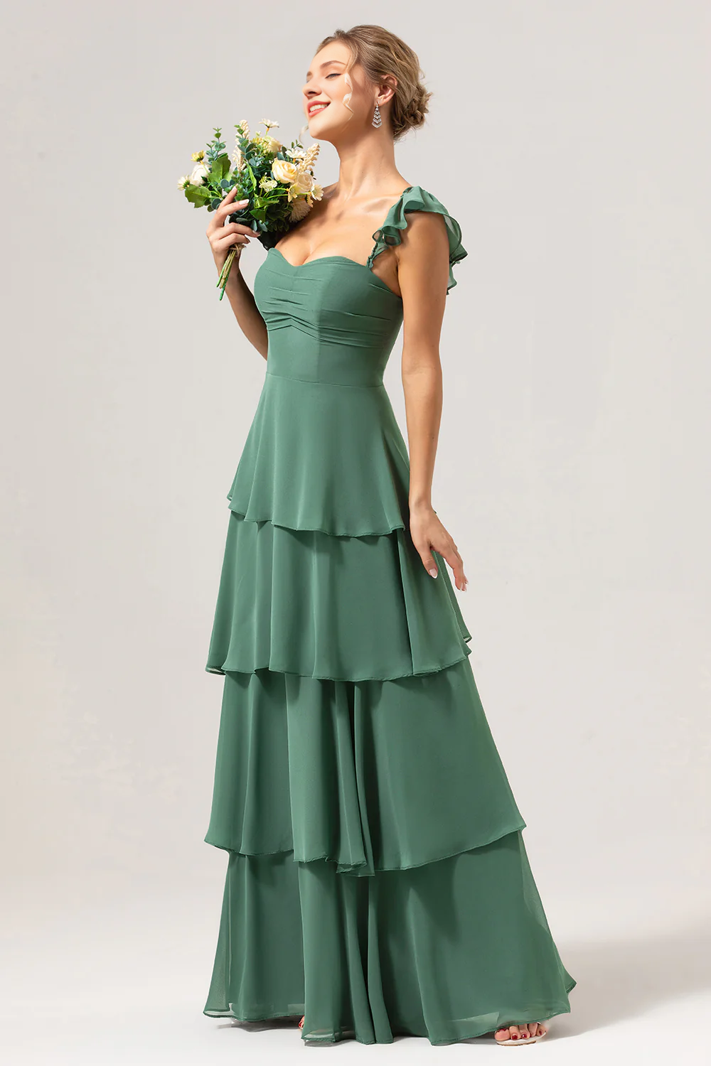 Eucalyptus A-line off shoulder layered bridesmaid dress