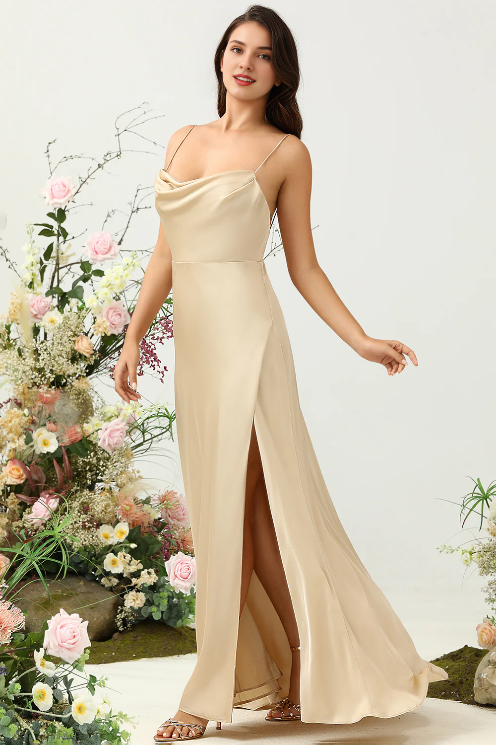 Champagne A-line Wind Neck Thin Shoulder Strap Split Satin Bridesmaid Dress