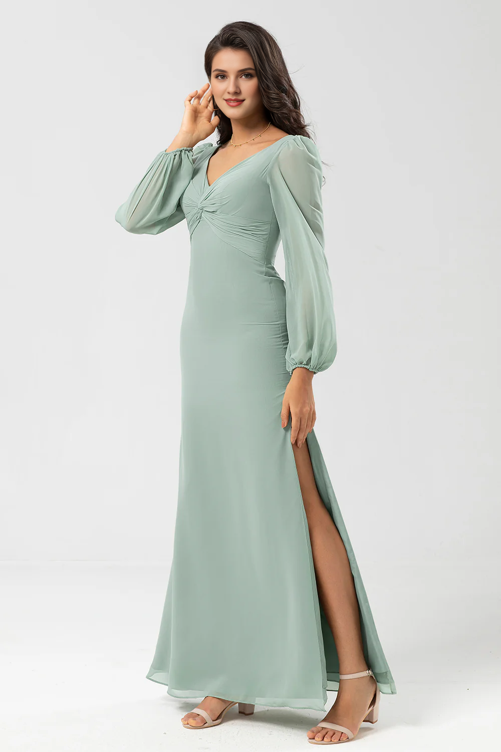 Matcha tight V-neck chiffon knot with slit long bridesmaid dress