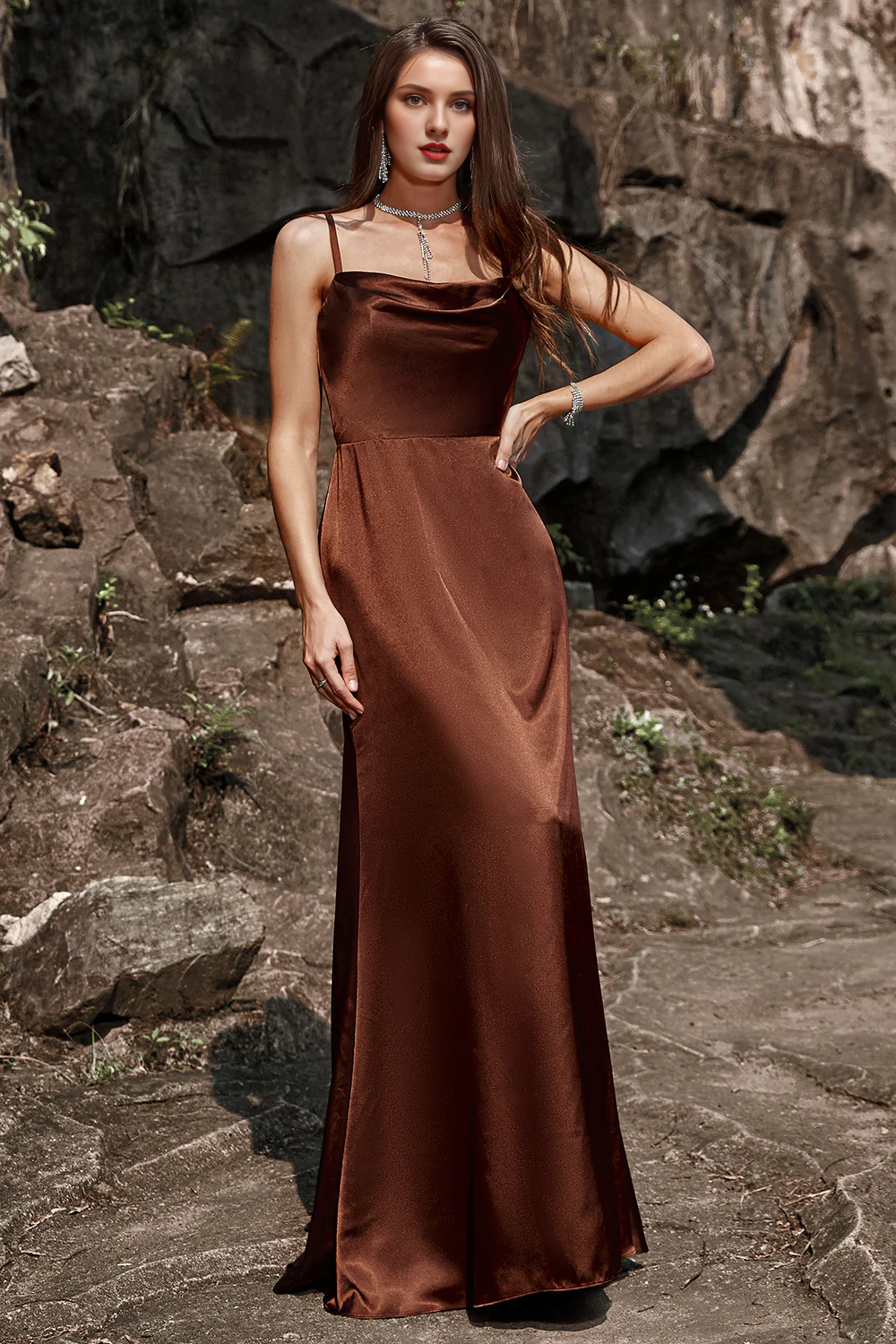 Fish tail thin shoulder strap and coffee satin bridesmaid dress