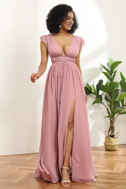 Pink V-neck long chiffon front slit and floor length bridesmaid dress