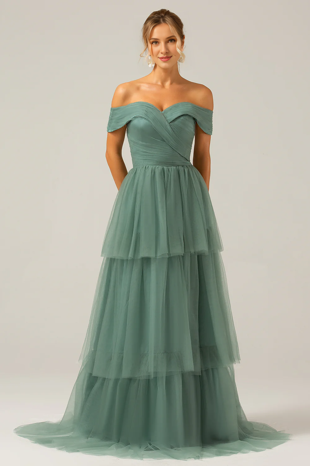 Grey green A-line off shoulder pleated layered long bridesmaid dress