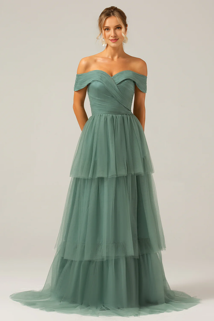 Grey green A-line off shoulder pleated layered long bridesmaid dress