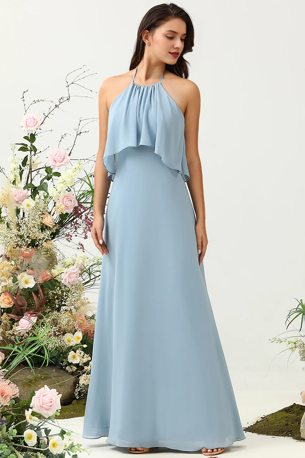 Mist A Line Ruffle Hanging Neck Sleeveless Chiffon Bridesmaid Dress