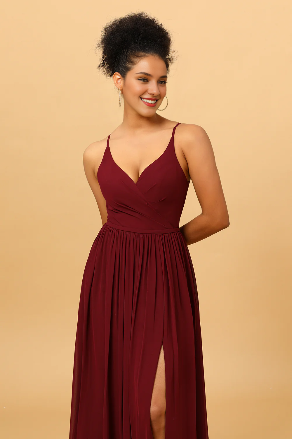 Wine red A-line thin shoulder strap pleated long slit chiffon bridesmaid dress