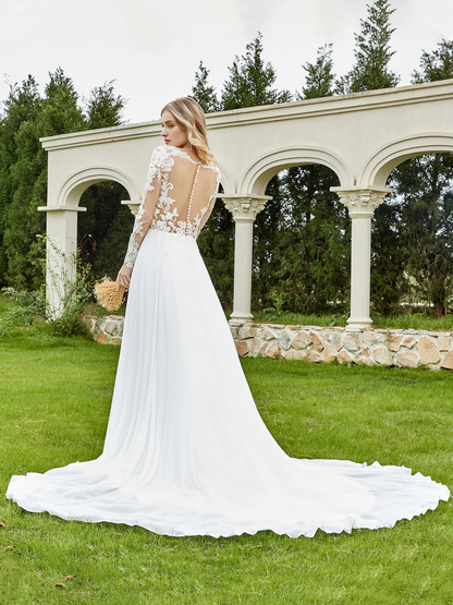 Deep V-neck buttoned church trailing bridal gown