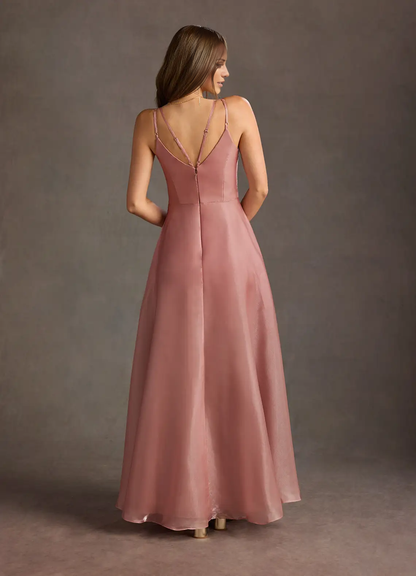 V-neck satin chiffon fine shoulder straps and floor length evening gowns