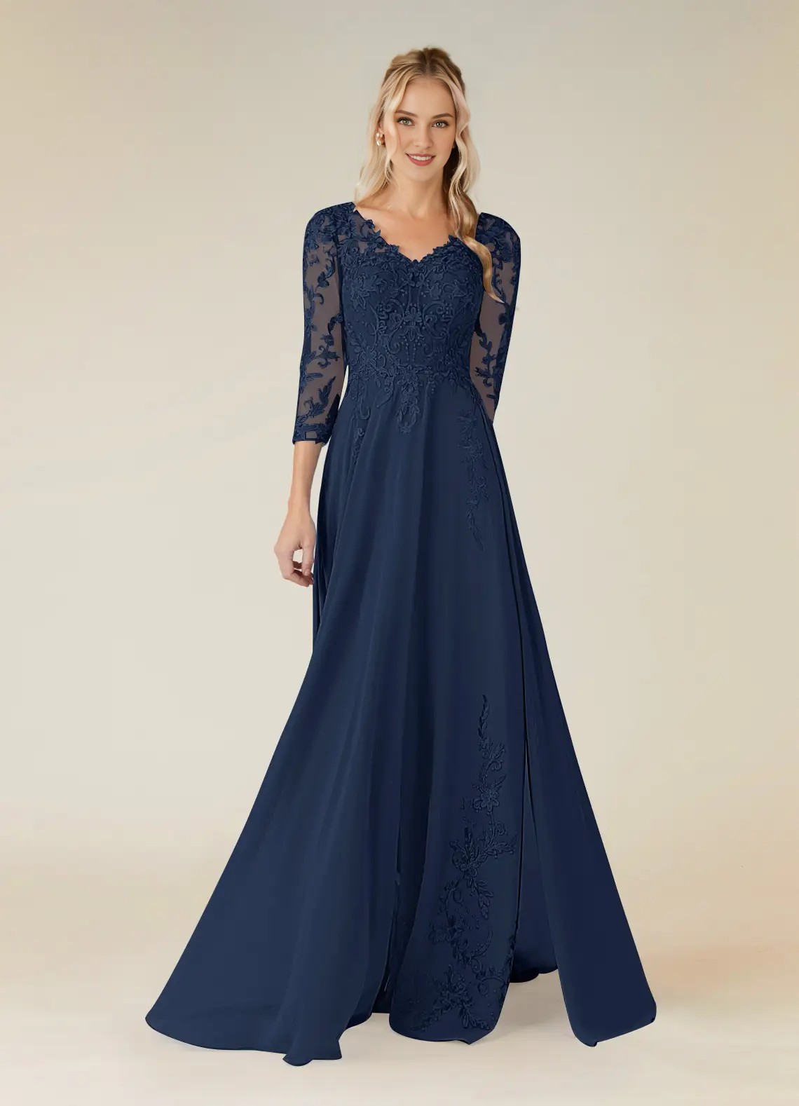 A-line V-neck lace chiffon and floor length mother of the bride dress